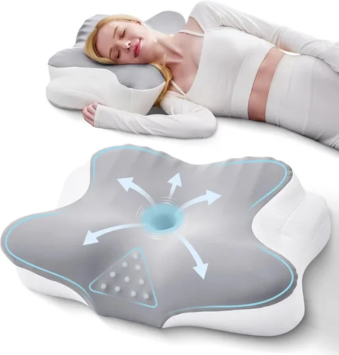 Vista 9 de BDEUS Almohada cervical cervical para dormir, almohada ergonómica de espuma viscoelástica con nodos de masaje para aliviar el dolor de cuello Blanco