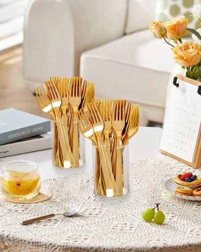Vista 7 de YOUBET 50 tenedores de plástico dorado – Tenedores de plástico resistentes – cubiertos desechables dorados sólidos y duraderos para fiestas, picnic