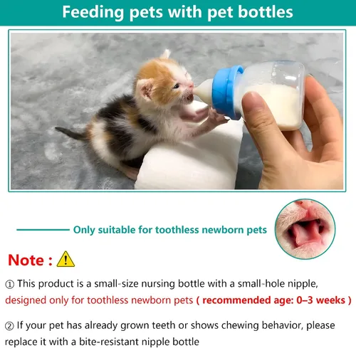 Vista 3 de Juego de biberón y jeringa para mascotas para cachorros y gatitos (1 botella, 2 jeringas, 6 pezones) azul