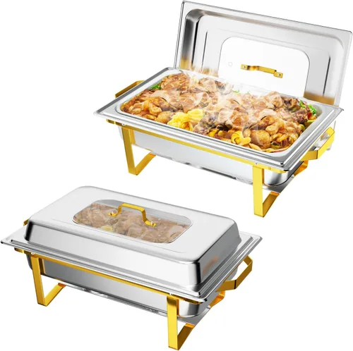 Vista 14 de ROVSUN Platos dorados para bufé, juego de bufé de 9 cuartos con tapa de vidrio, servidores y calentadores de bufé de acero inoxidable con marco