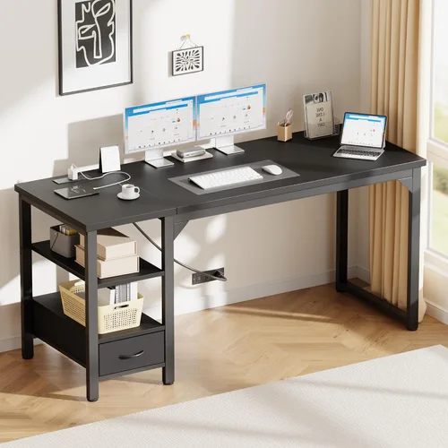 Vista 19 de Mericonia Escritorio de computadora, escritorio de juegos para espacios pequeños, mesa moderna de estilo simple para oficina en casa, mesa de Negro