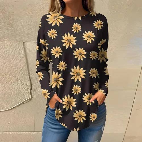 Vista 4 de JJHAEVDY Camiseta de manga larga con estampado de otoño para mujer, cuello redondo, cómoda, elegante, casual, holgada