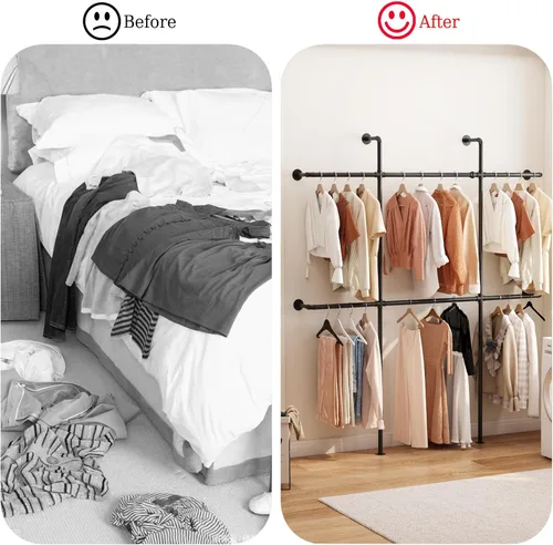 Vista 6 de Perchero Industrial de Tubería para Ropa de Montaje en Pared, Perchero Negro de Tubería para Ropa con 6 Varillas para Colgar, Perchero de Tubería
