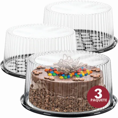Vista 2 de Contenedores desechables de plástico de 10 a 11 pulgadas con tapas de cúpula y tablas para tartas 3 soportes redondos para pasteles