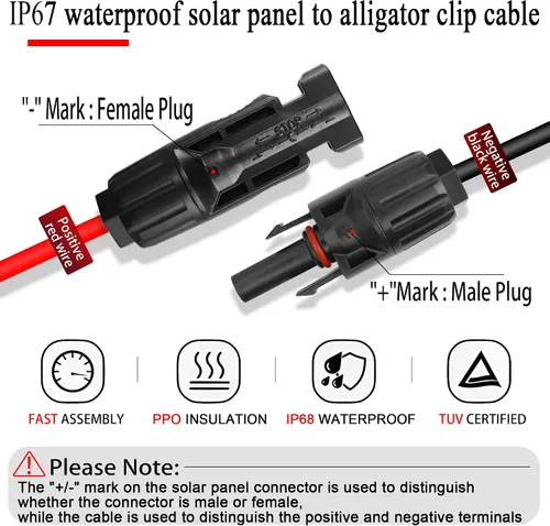 Vista 2 de QIANRENON Cable de conector de panel solar 12AWG Conector de panel solar a clip de batería, cable de extensión de cocodrilo a conectores solares