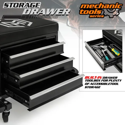 Vista 7 de M-AUTO Taburete Mecánico Rodante Taburete de Caja de Herramientas de Garaje Asiento de Cofre de Herramientas con Ruedas, Capacidad de 350 LBS