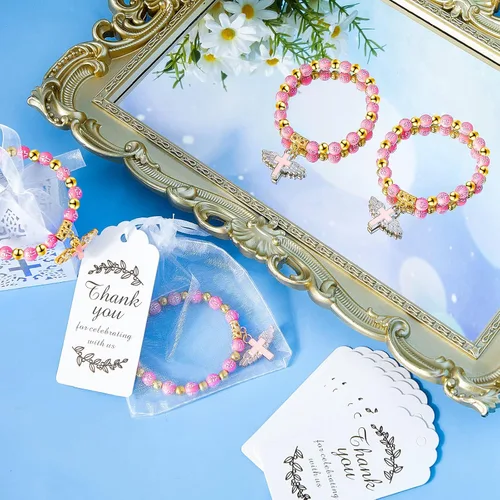 Vista 5 de El juego de 200 recuerdos de bautismo incluye 50 pulseras de rosario de cruz de ángel, 50 cajas de bautismo con cinta, 50 etiquetas