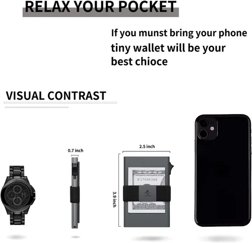 Vista 6 de SEMORID Cartera delgada de aluminio con tarjetero para hombre, Botón gris espacial-B, Cartera Rfid minimalista para hombre