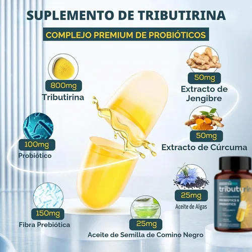 Vista 4 de Suplemento de tributirina para intestino e inmune de 800 mg Alta biodisponibilidad con probióticos y prebióticos microencapsulados - Complejo