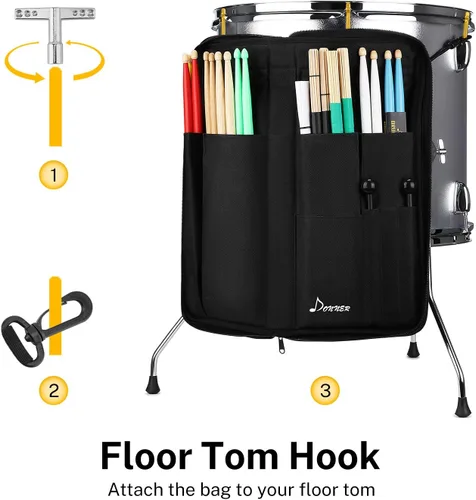 Vista 5 de Donner - Porta baquetas de gran capacidad con espesor, bolsa para baquetas, colgante y portátil para baquetas, cepillos y mazos, hasta 12 pares