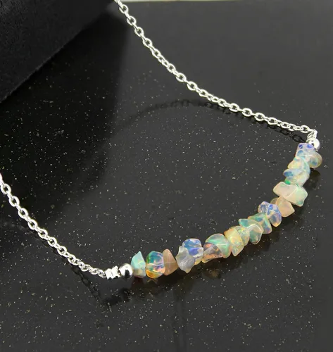 Vista 2 de Gempires Fire Opal Chips Bar Necklace, Opal Crystal Necklace, Gift for Her, Gemstone Jewelry, 18 inch Adjustable Silver Plated Chain