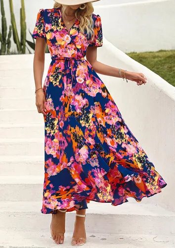 Vista 3 de PRETTYGARDEN - Vestido largo de verano cruzado para mujer, con cuello en V, estilo bohemio, floral, manga corta, dobladillo con volantes