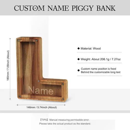 Vista 2 de Alcancía con nombre personalizado, 26 letras láser con texto personalizado, banco de monedas de madera, significado educativo, alcancía con nombre