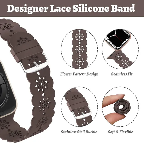 Vista 2 de Floral Silicone Band Compatible with Apple Watch Bands 38mm 40mm 42mm 44mm 41mm 45mm 49mm Women Men, Design Wristbands Soft Breathable Watch Bands