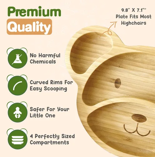 Vista 3 de Platos de bambú para niños - Platos para bebés y niños pequeños con succión para alimentación y destete, diseño de oso ecológico que promueve