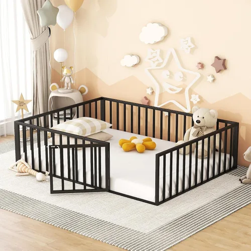Vista 21 de Cama juguetona en forma de casa de tamaño matrimonial con estantes y luces, marco de cama de metal con techo para niños, adolescentes y adultos, un