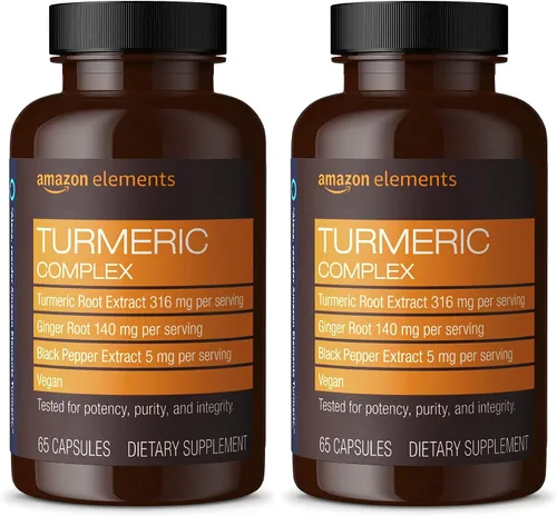 Vista 5 de Amazon Elements Complejo de Cúrcuma, 316 mg de Curcumina con Jengibre y Pimienta Negra, Apoyo Articular e Inmune, 65 Cápsulas