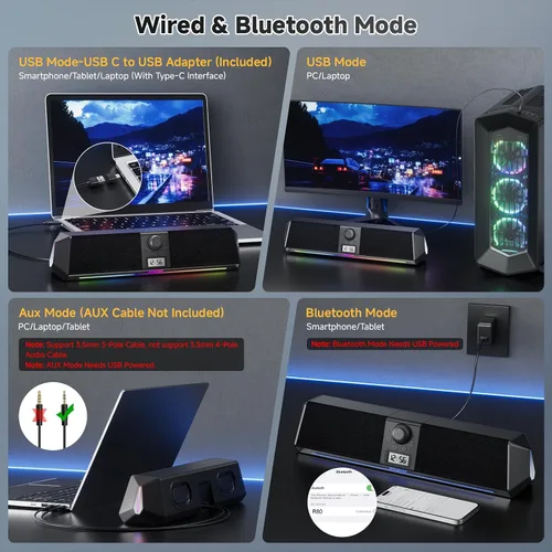 Vista 6 de SOULION R80 Altavoces de computadora Bluetooth, USB Plug & Play Altavoces de PC con pantalla de reloj digital, barra de sonido transparente