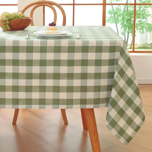 Vista 11 de Alsoo Mantel redondo de cuadros beige de 60 pulgadas, mantel circular a cuadros, lavable, sin arrugas, de lino y algodón, para picnic, cocina
