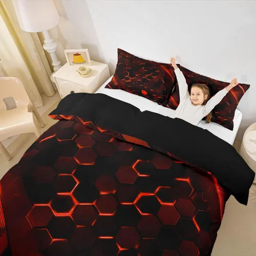 Vista 5 de Juego de ropa de cama de panal hexagonal para niños, niñas, adolescentes, funda de edredón geométrica transpirable, colmena geométrica roja y negra
