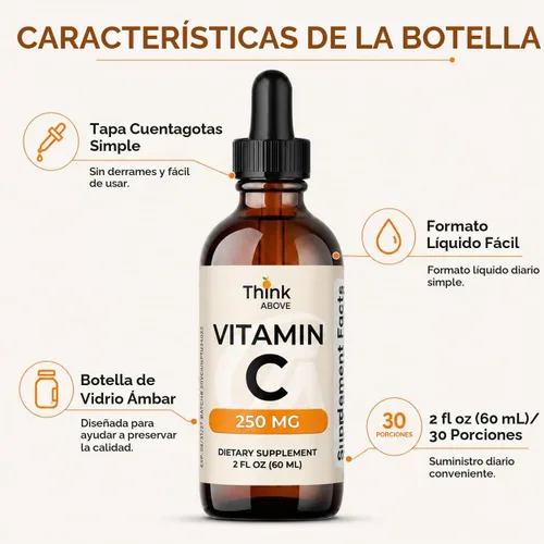 Vista 5 de Think Above Gotas líquidas de vitamina C, 250 mg por porción, vitamina C como ácido L-ascórbico, suplemento líquido de vitamina C para adultos, 30