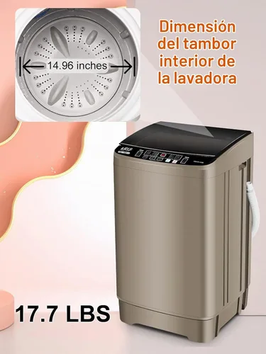 Vista 8 de KRIB BLING Bomba de drenaje portátil de 17.7 libras, lavadora completamente automática con pantalla LED, 10 programas y 8 niveles de agua Dorado