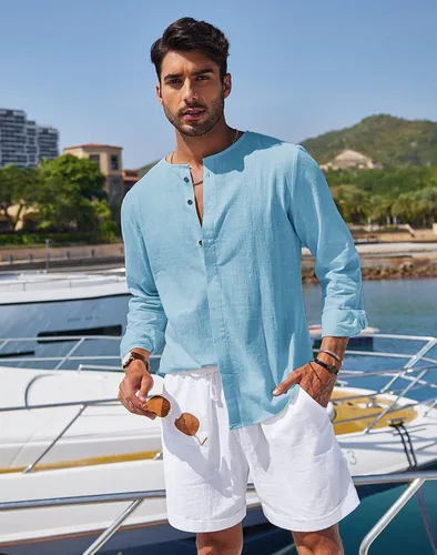 Vista 2 de COOFANDY Camisa de algodón y lino para hombre, camisa de playa casual con botones y manga larga