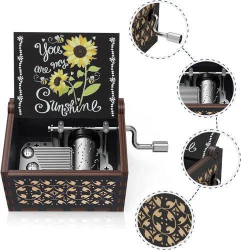 Vista 2 de Huntmic You are My Sunshine - Cajas de música de girasoles, manivela de madera grabada, caja musical antigua de regalo para niños, amigos, amantes