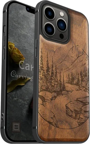 Vista 12 de Carveit Funda magnética de madera para iPhone 13 Pro [madera natural y TPU suave negro] Funda protectora de madera única y elegante a prueba