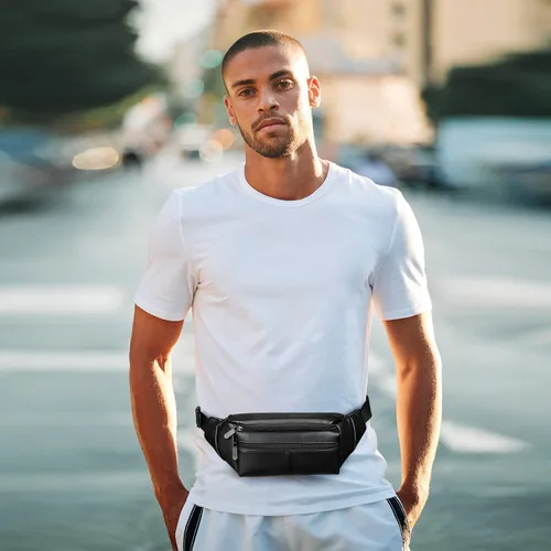 Vista 3 de Riñoneras de cuero para mujer, cangurera negra a la moda para hombres, niñas y niños, unisex de talla grande, bolsa cruzada de cintura linda, bolsa