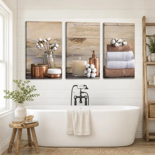 Vista 12 de KVTM 3 piezas de arte de pared de baño de granja, diseño de jabón fresco y bañera de agua, impresiones rústicas de flores en lienzo, arte estético