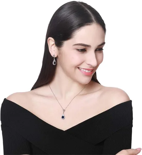 Vista 4 de AILUOR Juego de joyas de zafiro con corona, moda nupcial de plata Swarovski Elements, collar y pendientes de tuerca para mujer y niña