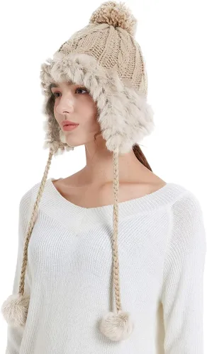 Vista 3 de Zecmos Gorro de invierno con diseño de calavera para mujer, tejido de piel sintética, cálido, suave, con orejeras de forro polar