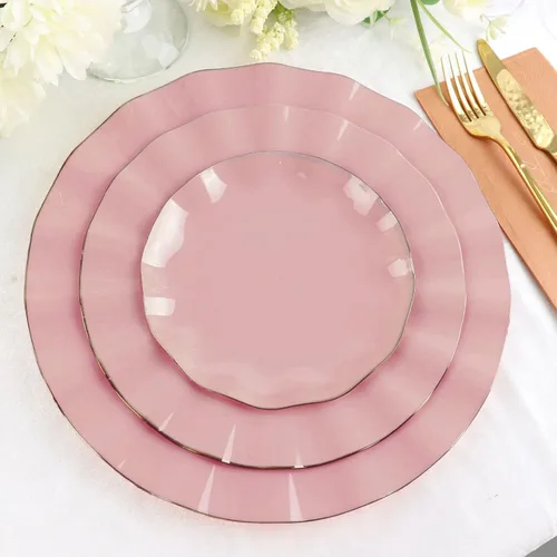 Vista 8 de Tableclothsfactory Paquete de 10 platos redondos de plástico negro de 6 pulgadas para ensalada de postre, platos desechables con borde ondulado
