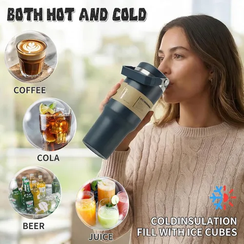 Vista 6 de Botella de agua aislada con pajilla abatible de 30 onzas con asa, vaso de acero inoxidable a prueba de fugas, taza de café de viaje al vacío