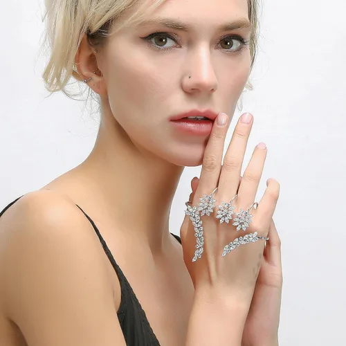 Vista 3 de Anillo único con diseño de hoja de circonita cúbica múltiple, anillo de dedo múltiple de plata, anillo de palma de mano, pulsera de joyería