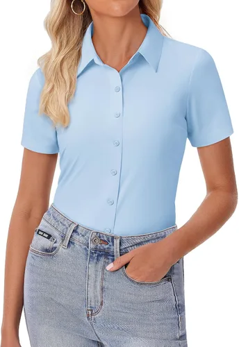 Vista 11 de siliteelon Camisa de vestir con botones para mujer, ajustada, elástica, de manga corta, sin arrugas, sólida, formal, para el trabajo