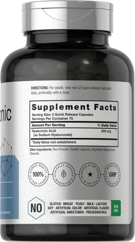 Vista 2 de Horbäach - Suplemento de ácido hialurónico, 200 mg 150 cápsulas Suplemento sin OMG y sin gluten Suplemento sin OMG y sin gluten