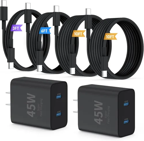 Vista 14 de QZIIW Cargador Samsung súper rápido tipo C, bloque de cargador rápido USB C de 45 W de doble puerto [paquete de 2] y cable USB C extralargo de 60 W