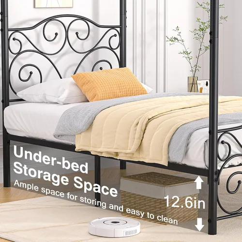 Vista 6 de VECELO Base de cama con dosel de metal, tamaño individual, base de colchón con plataforma de 4 pósteres con cabecero, soporte de listones de acero