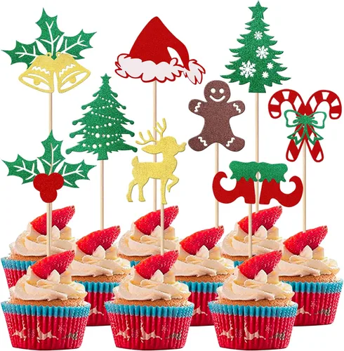Vista 17 de Paquete de 24 Adornos Navideños Oh Baby para Cupcakes con Sombrero de Navidad con Purpurina, Palillos de Comida para Baby Shower para Niños y Niñas