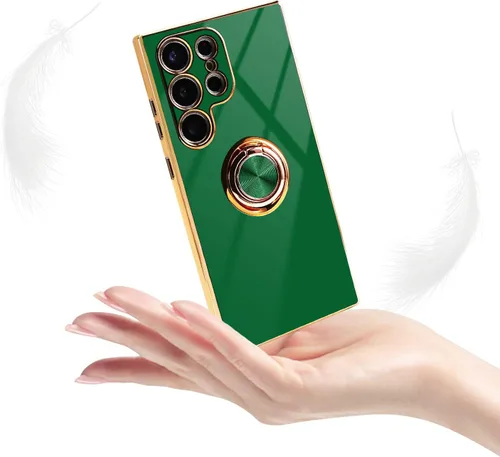 Vista 7 de Funda para Samsung Galaxy S23 Ultra 5G, soporte de anillo de rotación de 360° incorporado, soporte magnético, borde chapado brillante de lujo, Verde