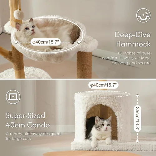 Vista 4 de Árbol para gatos moderno con hamaca de 48.5 pulgadas, torre para gatos con poste para rascar, con poste de madera real, gran cesta de ratán