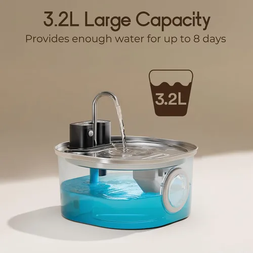 Vista 5 de Voluas Fuente de agua de acero inoxidable para gatos, fuente de agua inalámbrica para mascotas, funciona con pilas, 108 oz/3.2 L, dispensador