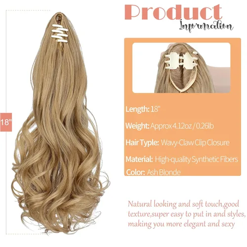 Vista 2 de Pinza de extensión de cola de caballo de 18 pulgadas, extensiones de cabello ondulado rizado con clip, extensiones de cola de caballo largas, Rubio