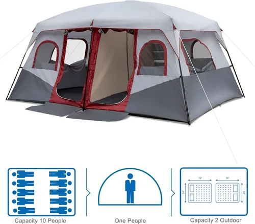 Vista 5 de Ochine Tienda de campaña para 4/10 personas, tiendas de campaña para campamento familiar, tienda de campaña plegable para mochileros al aire libre