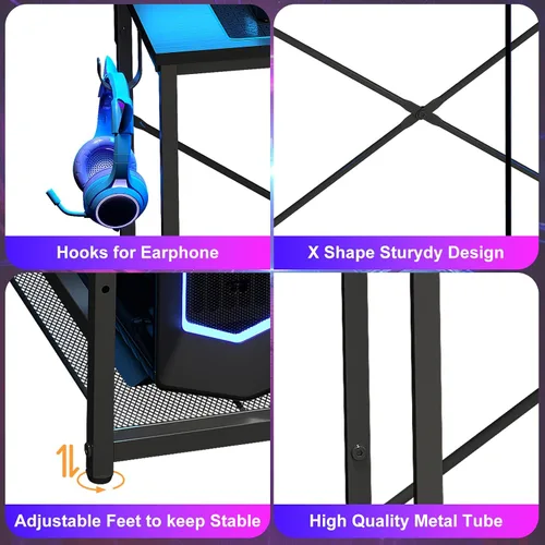 Vista 8 de X-cosrack Escritorio pequeño para juegos de 33.5 pulgadas con luces LED y soporte largo para monitor, escritorio compacto para computadora con tomas