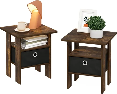 Vista 24 de Furinno Dario - Mesa auxiliar / estante de almacenamiento de noche con cajón de contenedor, pino ámbar/negro, 1 paquete, contenedor superior