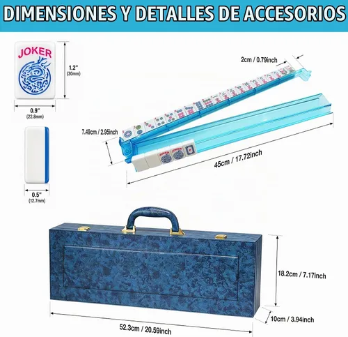 Vista 4 de Woodronic Juego de azulejos Mahjong americanos de lujo, 166 azulejos azules