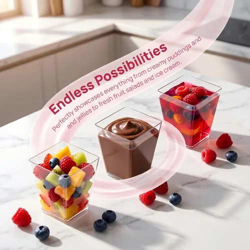 Vista 4 de Tazas de postre transparentes cuadradas de 5 onzas (50 tazas de postre + 50 cucharas) Pequeñas tazas de parfait de yogur, tazas de parfait, tazas